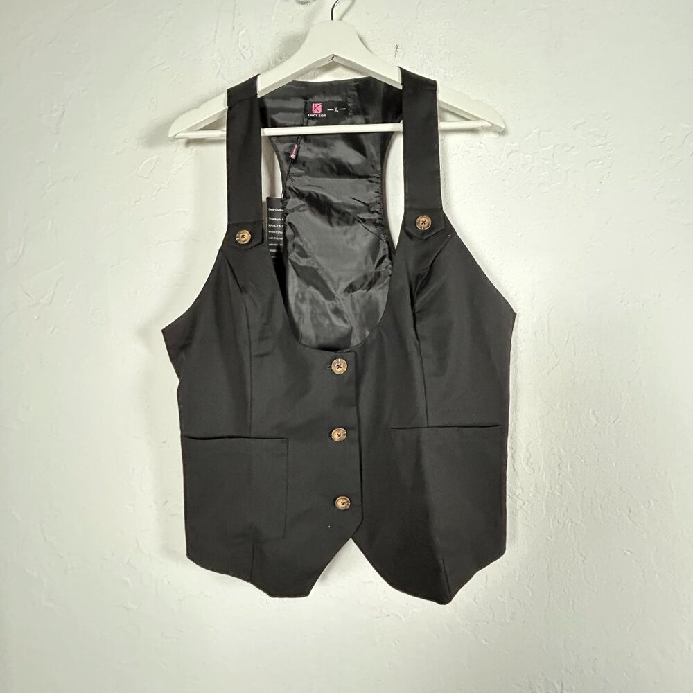 KANCY KOLE Womens Button Front Racerback Waistcoat Vest XL Black Pockets New